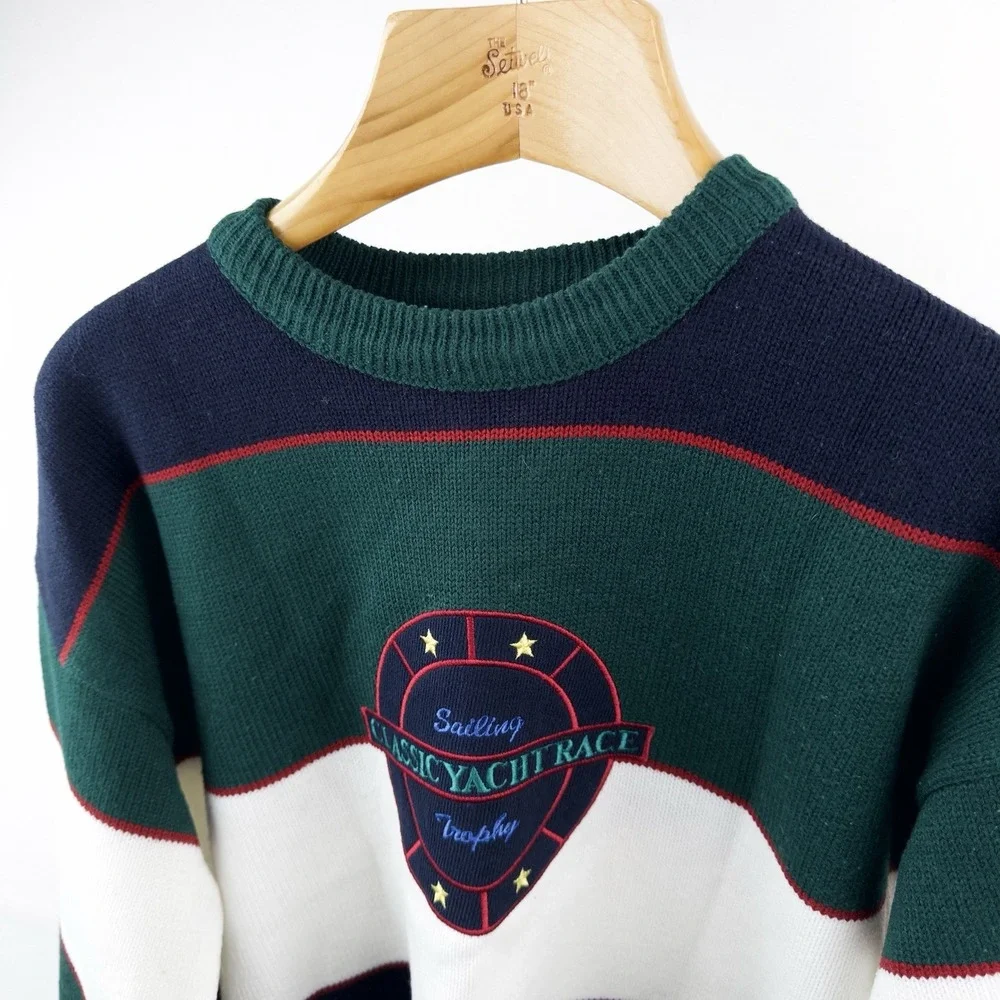 90's Vtg Embroidered Classic Yacht Club Racing Sweater Acrylic Color Block